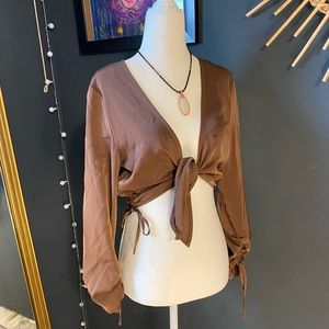 Brown silky, longsleeve, Tie front crop top